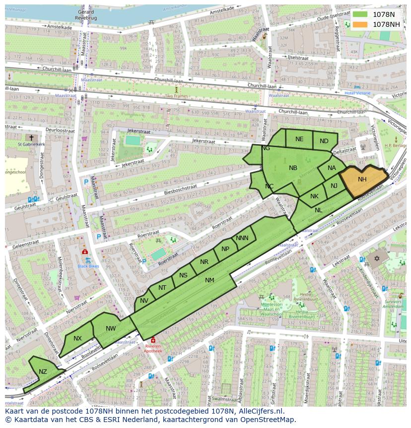 Afbeelding van het postcodegebied 1078 NH op de kaart.