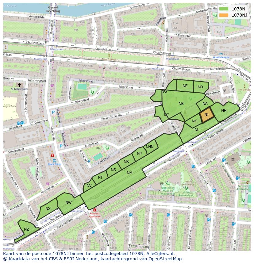 Afbeelding van het postcodegebied 1078 NJ op de kaart.
