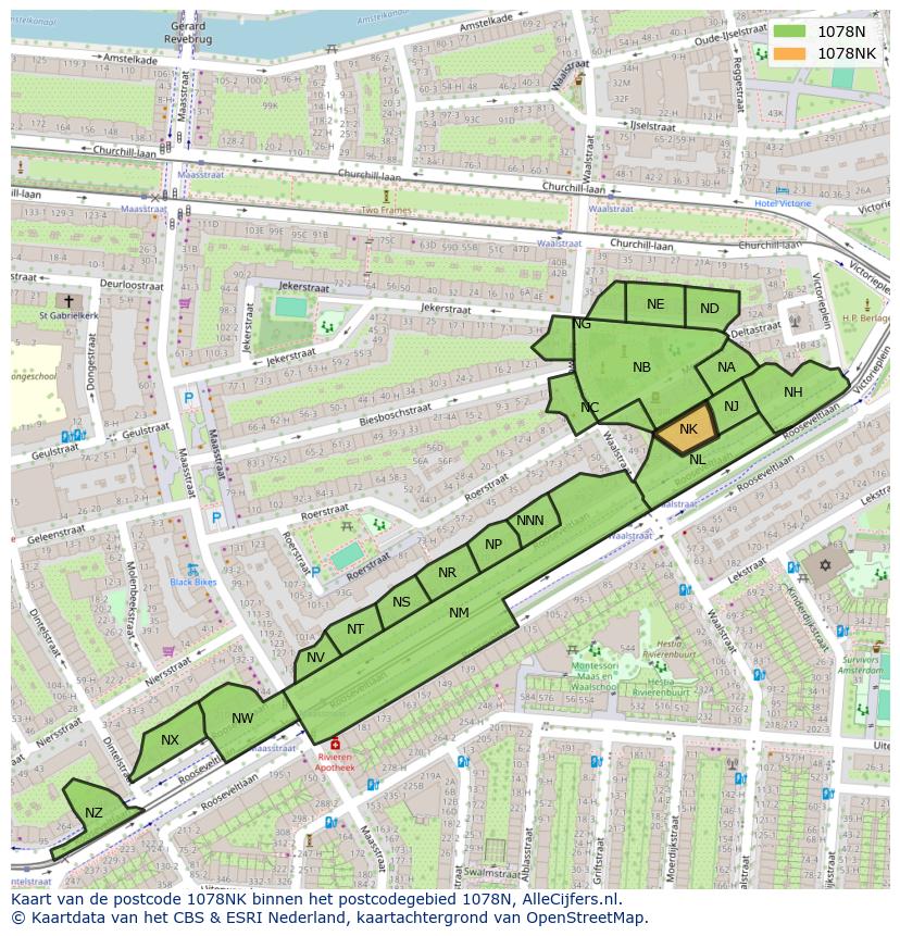 Afbeelding van het postcodegebied 1078 NK op de kaart.