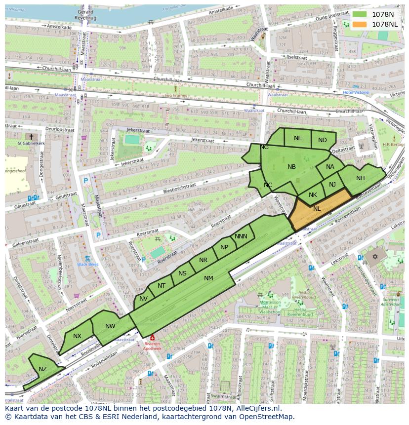 Afbeelding van het postcodegebied 1078 NL op de kaart.