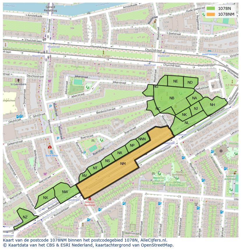 Afbeelding van het postcodegebied 1078 NM op de kaart.