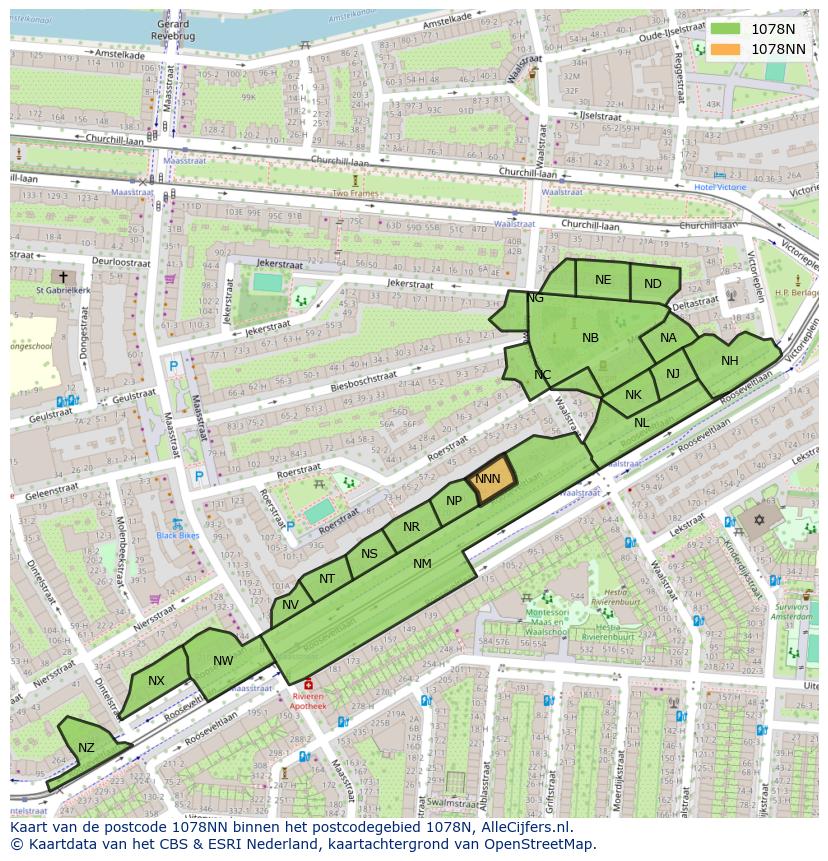 Afbeelding van het postcodegebied 1078 NN op de kaart.