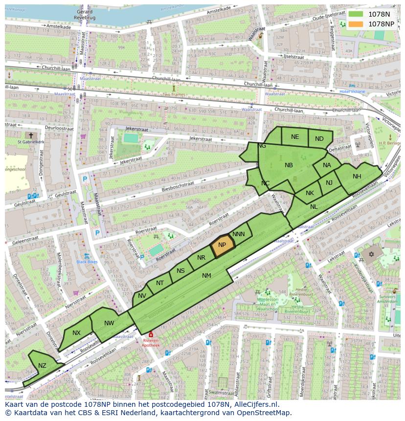 Afbeelding van het postcodegebied 1078 NP op de kaart.