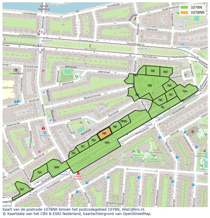 Afbeelding van het postcodegebied 1078 NR op de kaart.