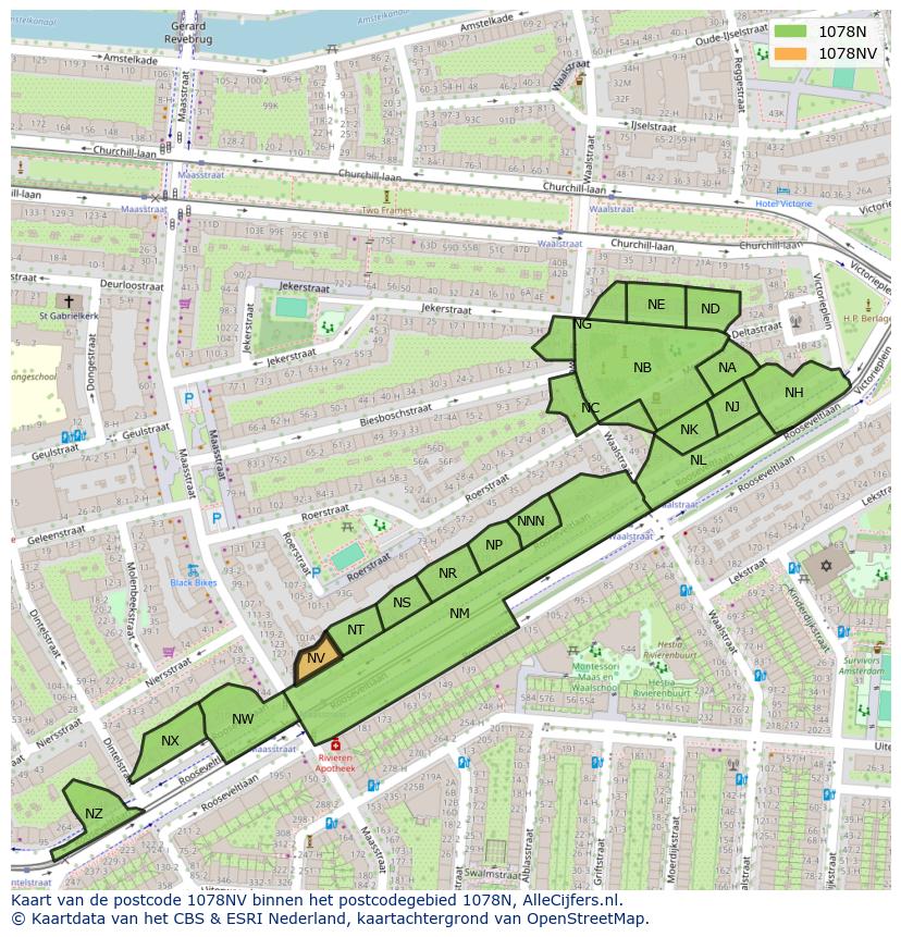 Afbeelding van het postcodegebied 1078 NV op de kaart.