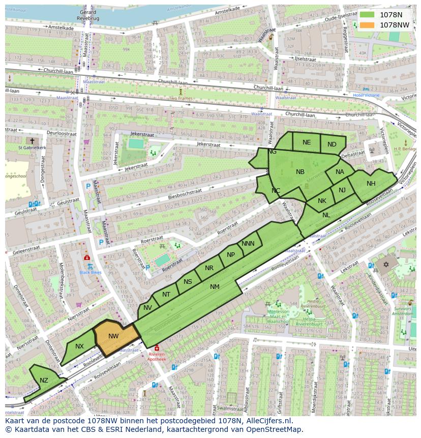 Afbeelding van het postcodegebied 1078 NW op de kaart.