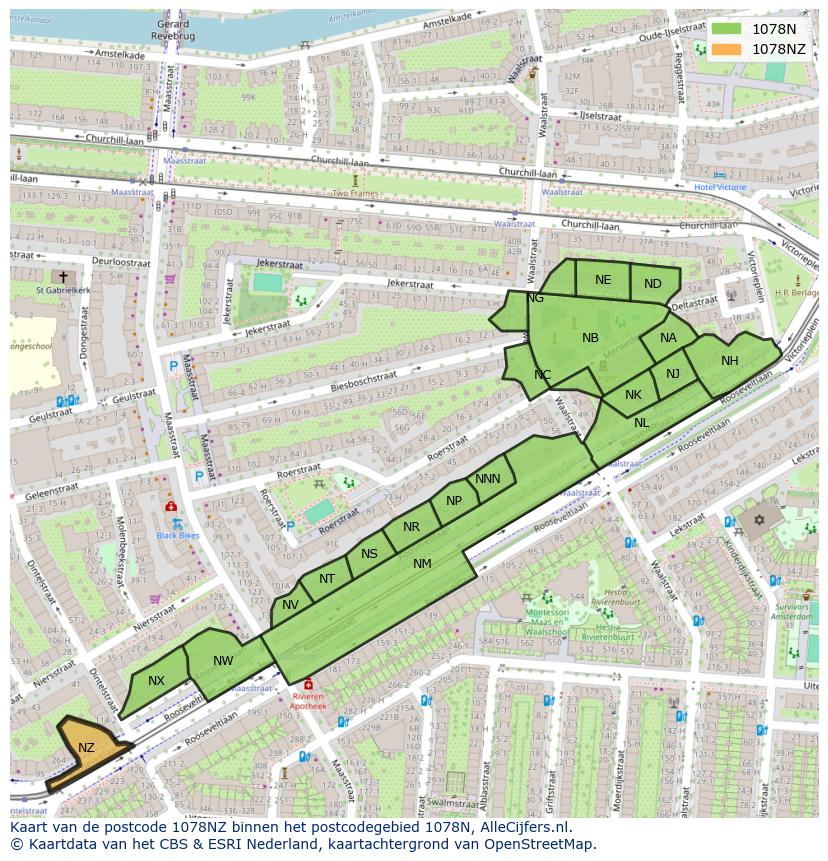 Afbeelding van het postcodegebied 1078 NZ op de kaart.