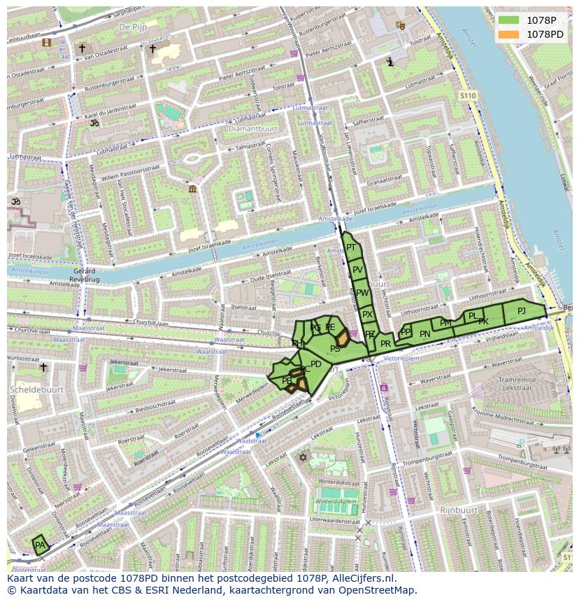 Afbeelding van het postcodegebied 1078 PD op de kaart.