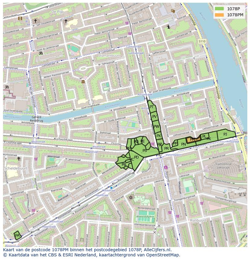 Afbeelding van het postcodegebied 1078 PM op de kaart.