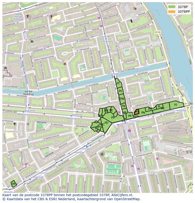 Afbeelding van het postcodegebied 1078 PP op de kaart.