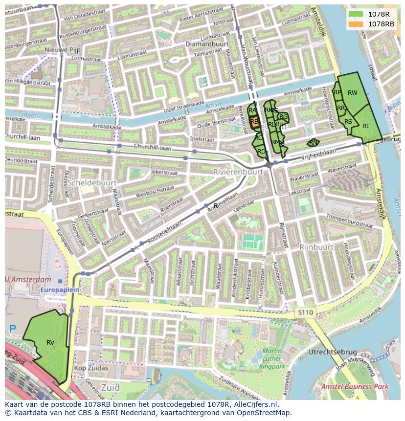 Afbeelding van het postcodegebied 1078 RB op de kaart.