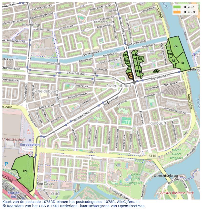 Afbeelding van het postcodegebied 1078 RD op de kaart.