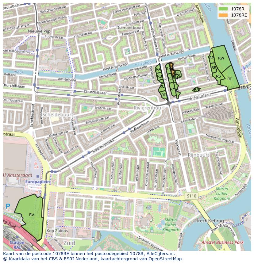 Afbeelding van het postcodegebied 1078 RE op de kaart.