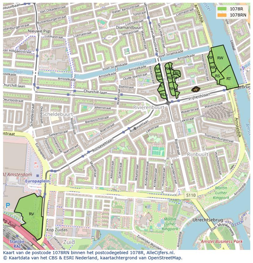 Afbeelding van het postcodegebied 1078 RN op de kaart.