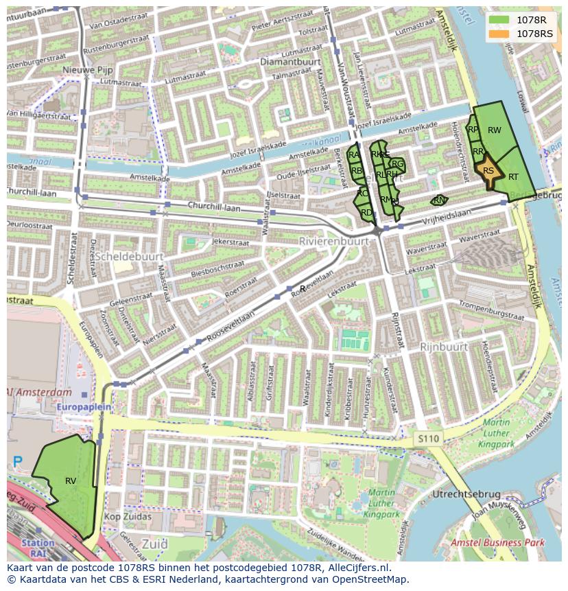 Afbeelding van het postcodegebied 1078 RS op de kaart.