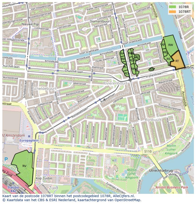 Afbeelding van het postcodegebied 1078 RT op de kaart.