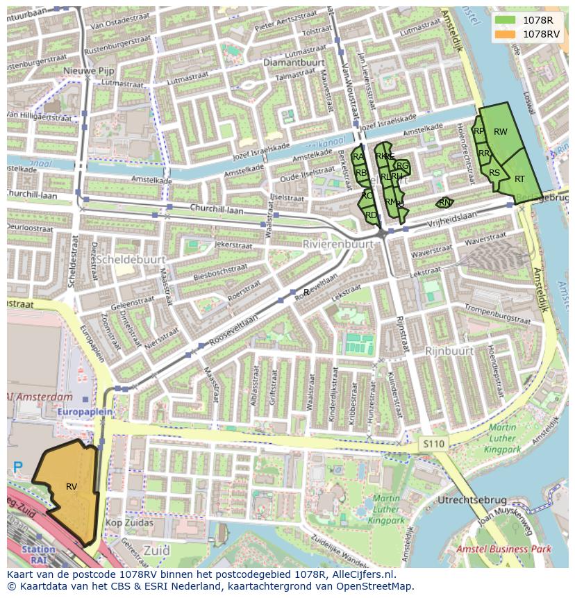 Afbeelding van het postcodegebied 1078 RV op de kaart.
