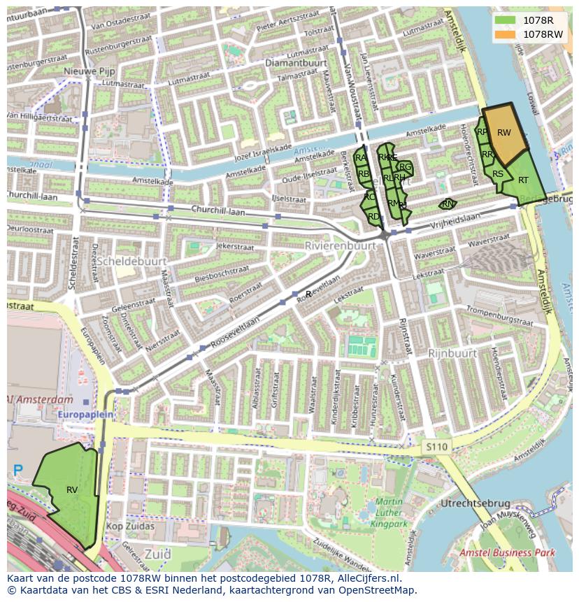 Afbeelding van het postcodegebied 1078 RW op de kaart.