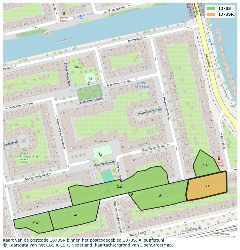 Afbeelding van het postcodegebied 1078 SR op de kaart.