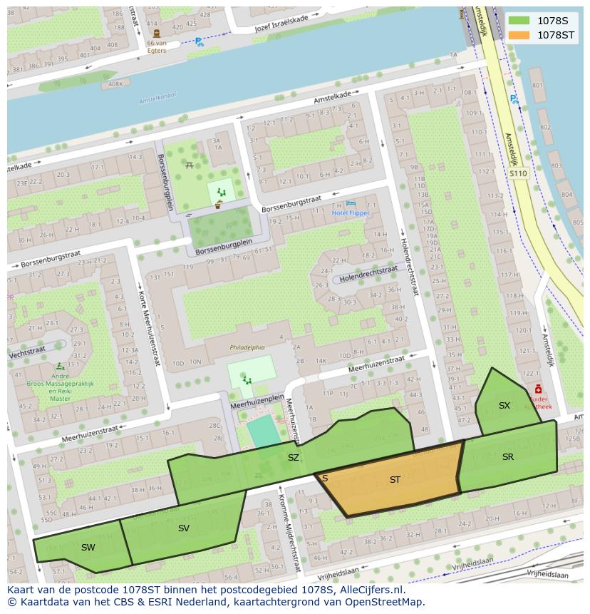 Afbeelding van het postcodegebied 1078 ST op de kaart.