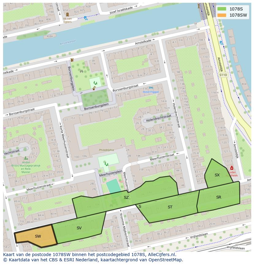 Afbeelding van het postcodegebied 1078 SW op de kaart.