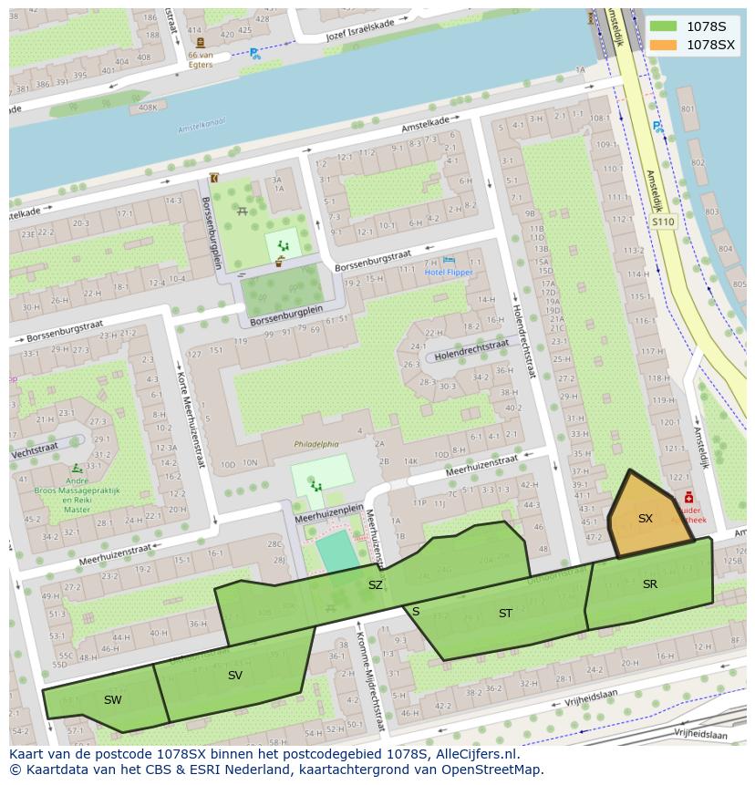 Afbeelding van het postcodegebied 1078 SX op de kaart.