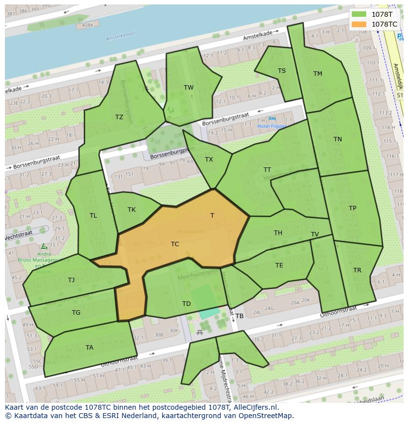 Afbeelding van het postcodegebied 1078 TC op de kaart.
