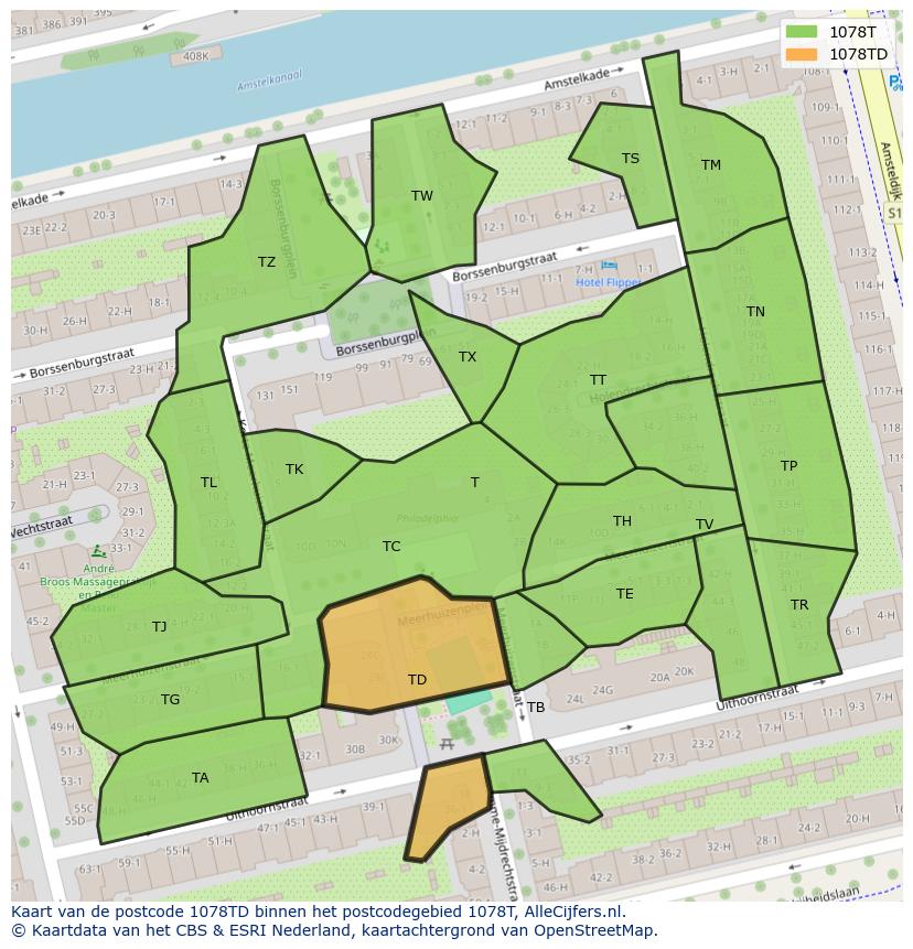 Afbeelding van het postcodegebied 1078 TD op de kaart.