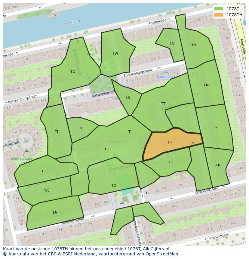 Afbeelding van het postcodegebied 1078 TH op de kaart.