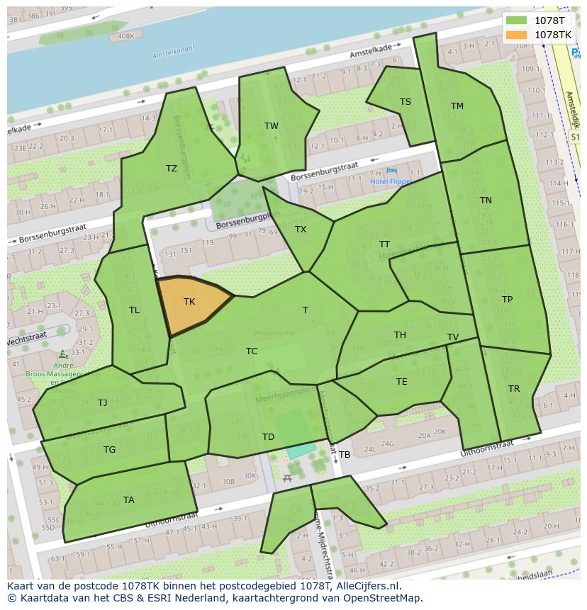 Afbeelding van het postcodegebied 1078 TK op de kaart.