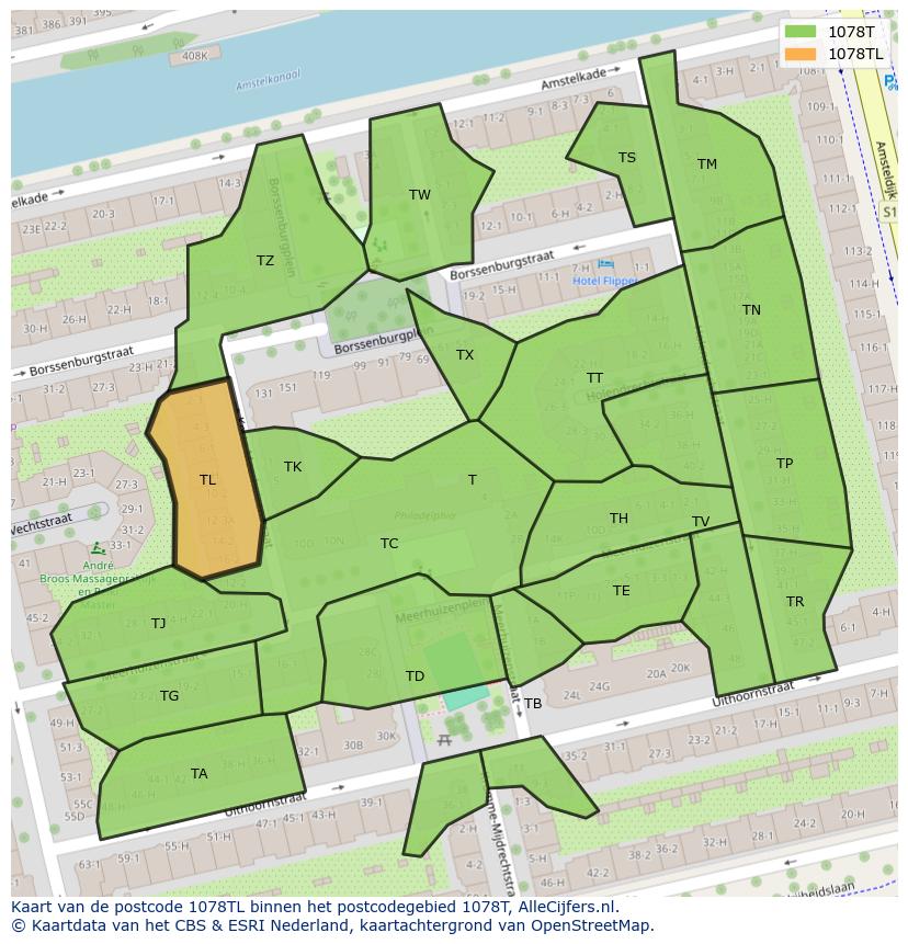 Afbeelding van het postcodegebied 1078 TL op de kaart.