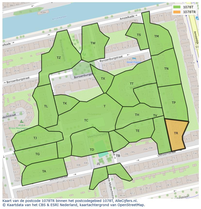 Afbeelding van het postcodegebied 1078 TR op de kaart.