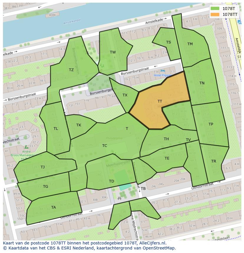 Afbeelding van het postcodegebied 1078 TT op de kaart.
