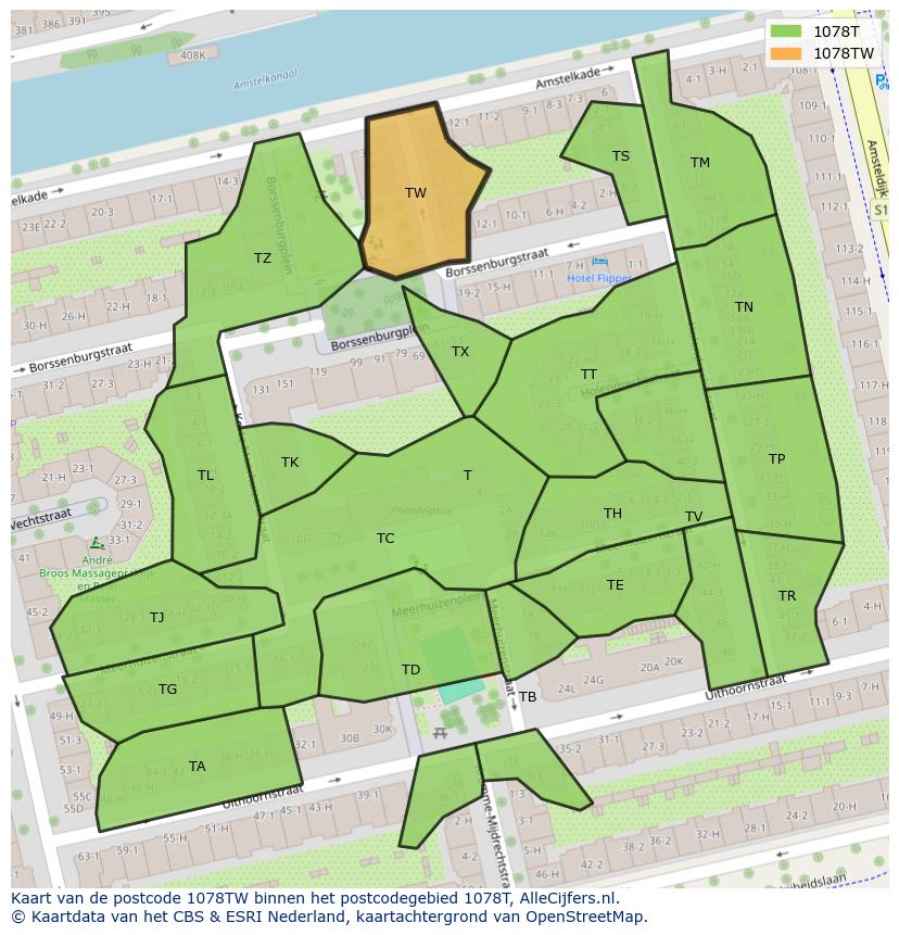 Afbeelding van het postcodegebied 1078 TW op de kaart.