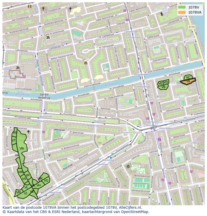 Afbeelding van het postcodegebied 1078 VA op de kaart.