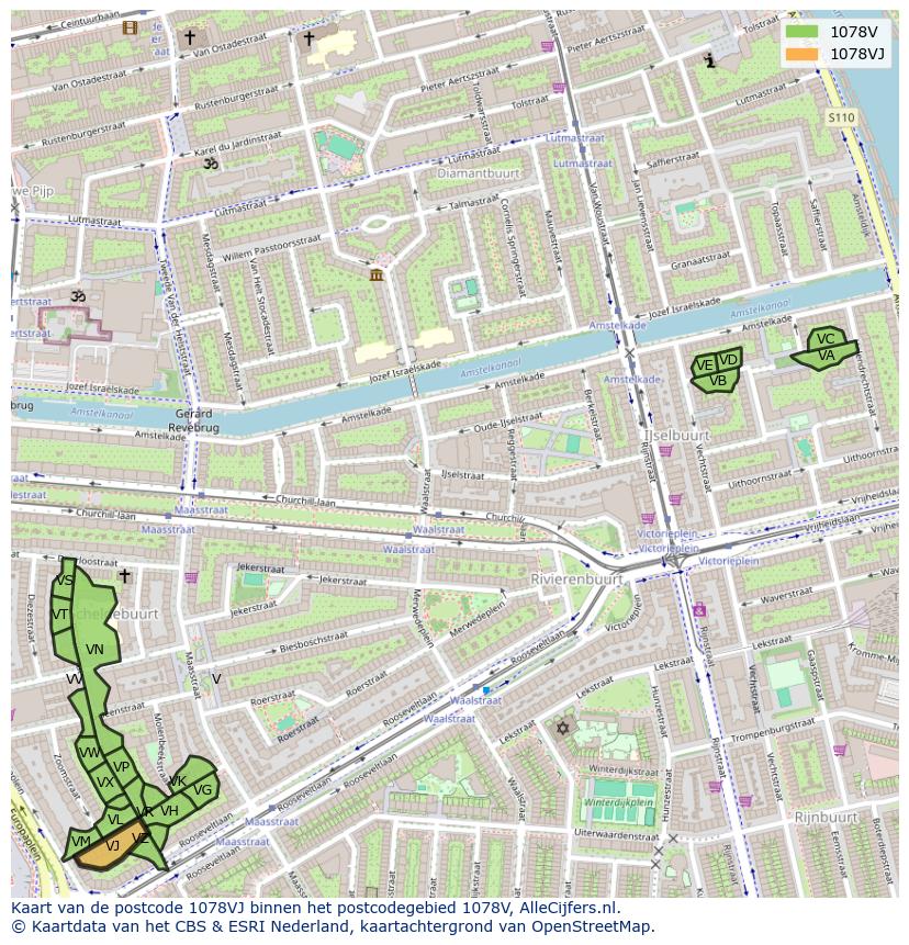 Afbeelding van het postcodegebied 1078 VJ op de kaart.