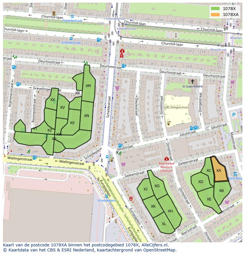 Afbeelding van het postcodegebied 1078 XA op de kaart.