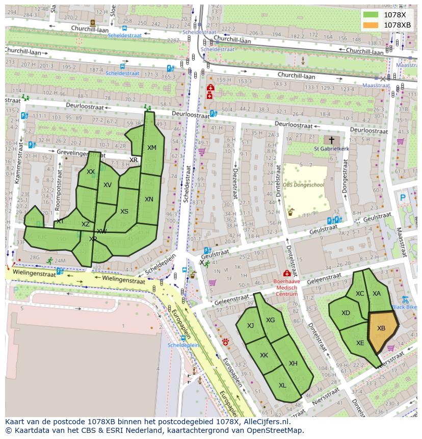 Afbeelding van het postcodegebied 1078 XB op de kaart.