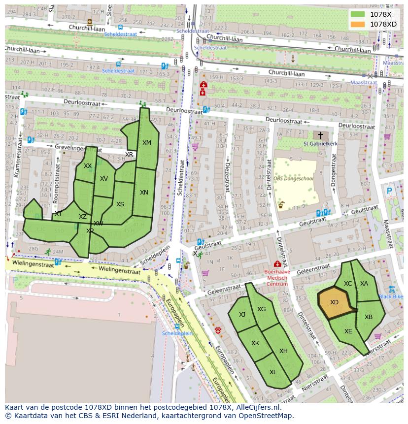 Afbeelding van het postcodegebied 1078 XD op de kaart.