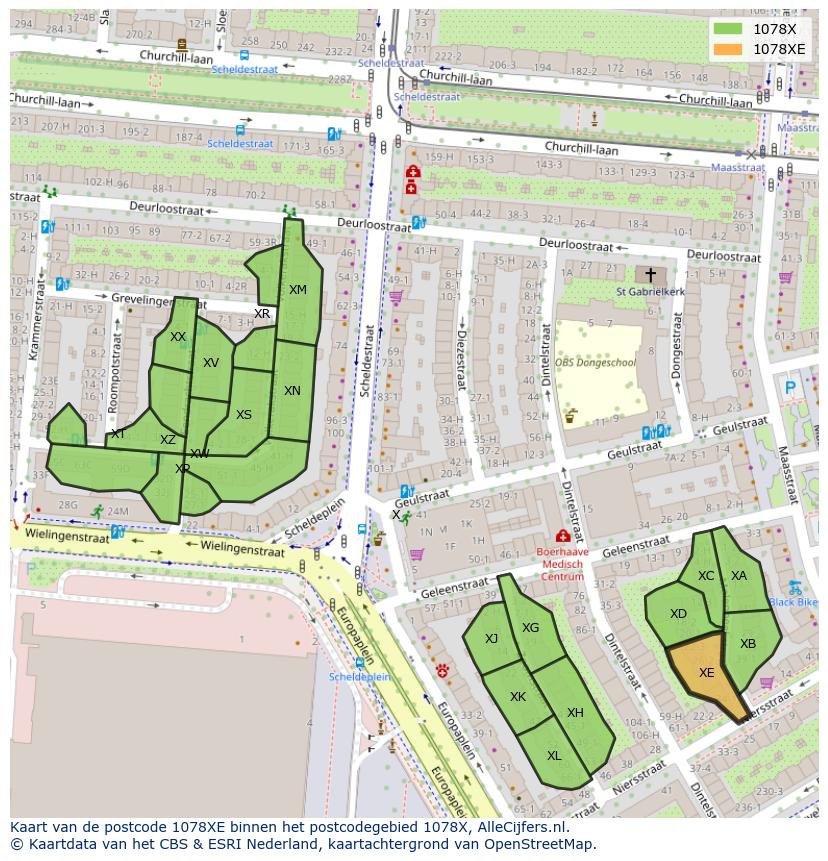 Afbeelding van het postcodegebied 1078 XE op de kaart.