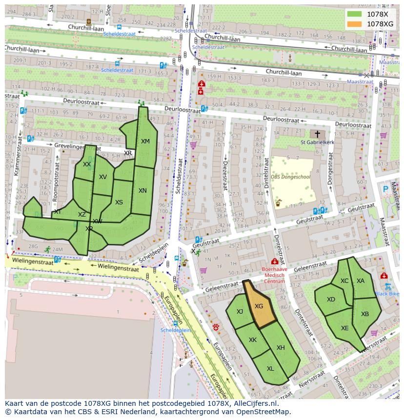 Afbeelding van het postcodegebied 1078 XG op de kaart.