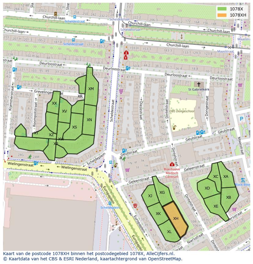 Afbeelding van het postcodegebied 1078 XH op de kaart.
