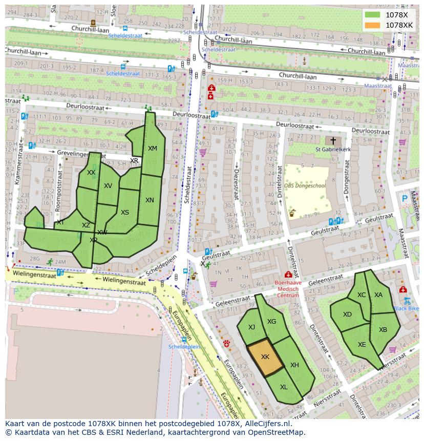 Afbeelding van het postcodegebied 1078 XK op de kaart.