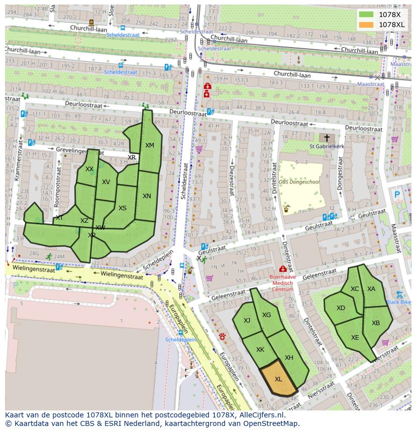 Afbeelding van het postcodegebied 1078 XL op de kaart.