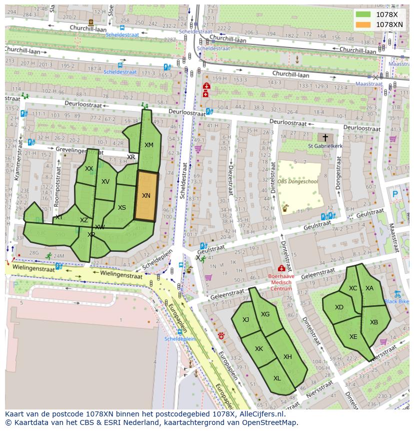 Afbeelding van het postcodegebied 1078 XN op de kaart.