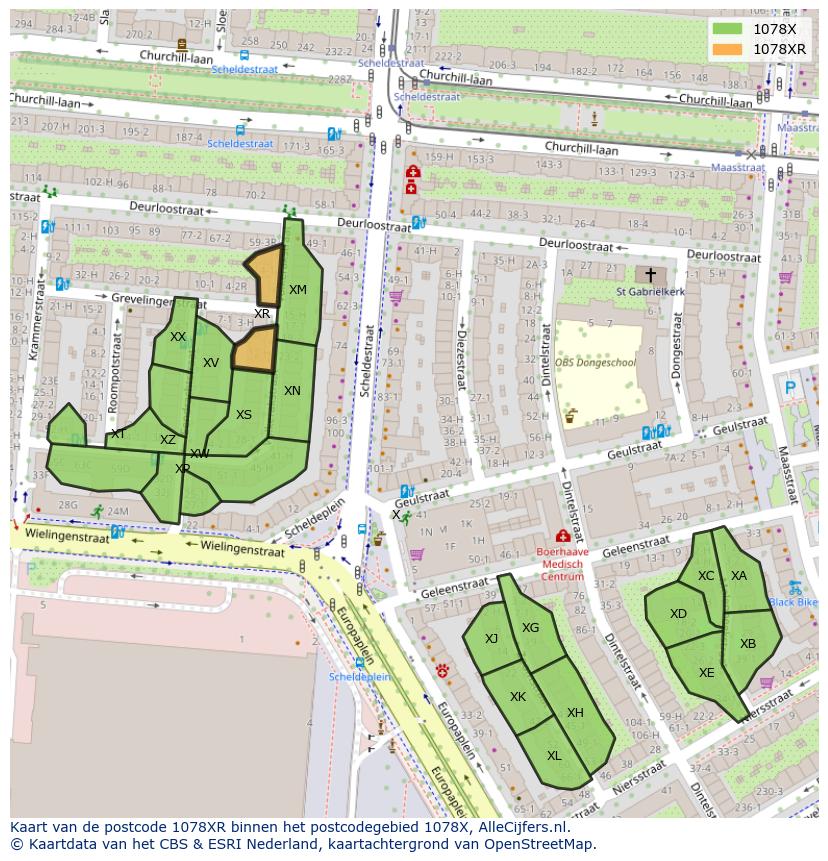 Afbeelding van het postcodegebied 1078 XR op de kaart.