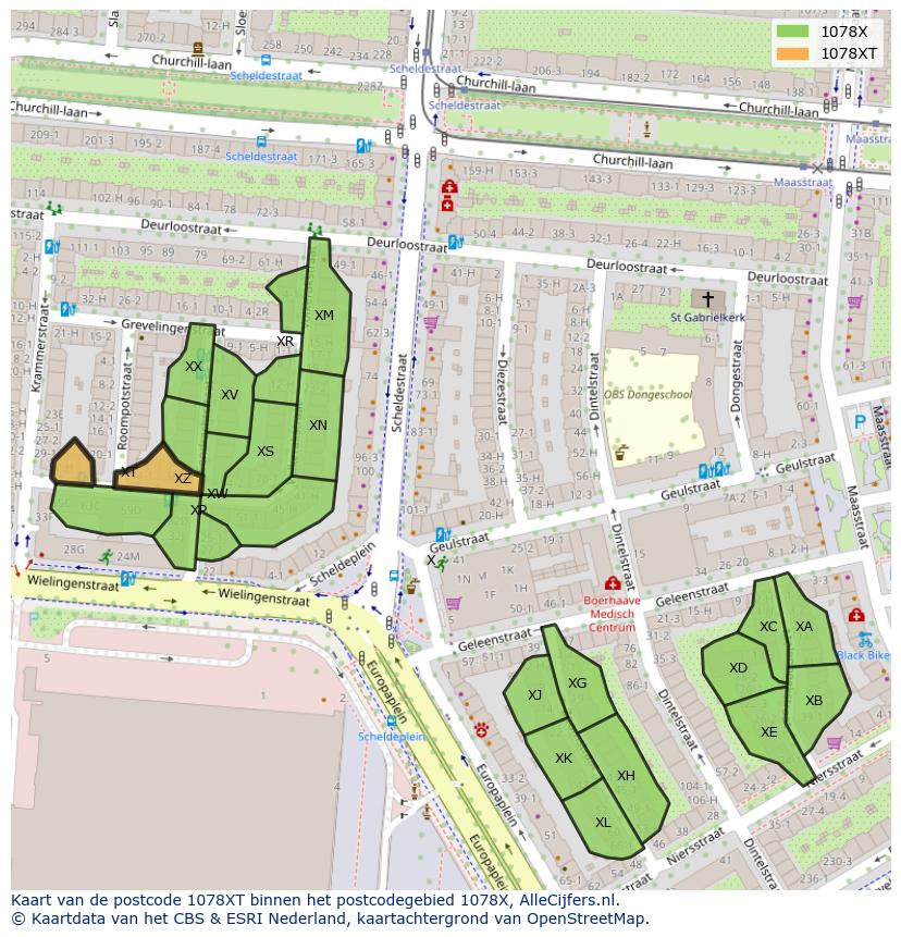 Afbeelding van het postcodegebied 1078 XT op de kaart.