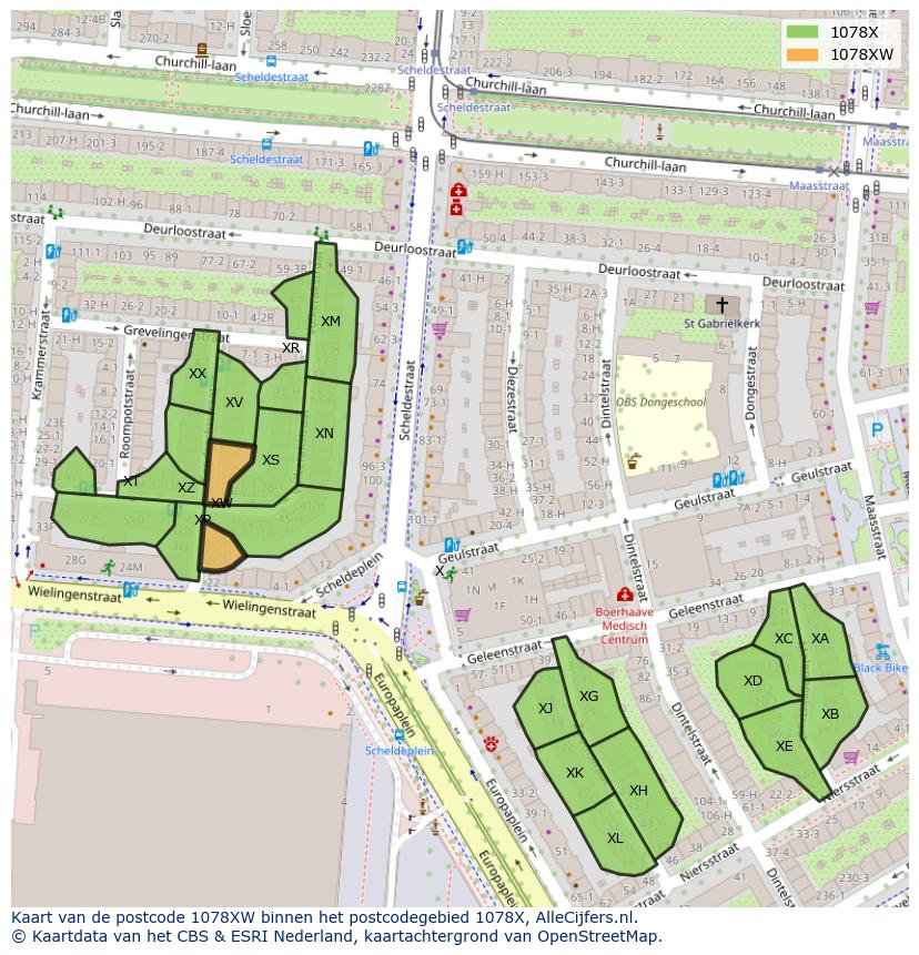 Afbeelding van het postcodegebied 1078 XW op de kaart.