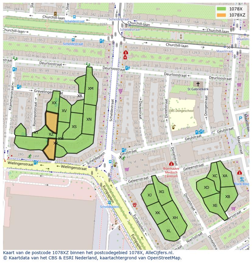 Afbeelding van het postcodegebied 1078 XZ op de kaart.