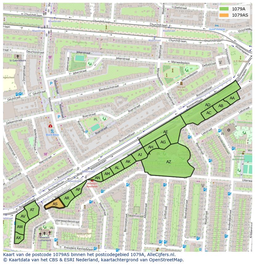 Afbeelding van het postcodegebied 1079 AS op de kaart.